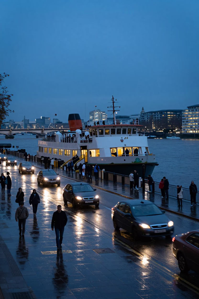 Twilight Street Scene in London UK with Ferry Dock and Urban Life in in London, United Kingdom