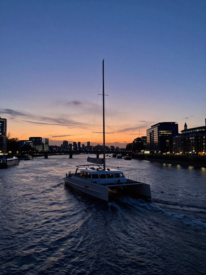 Twilight Street Scene in London United Kingdom with Catamaran on River Thames in in London, United Kingdom