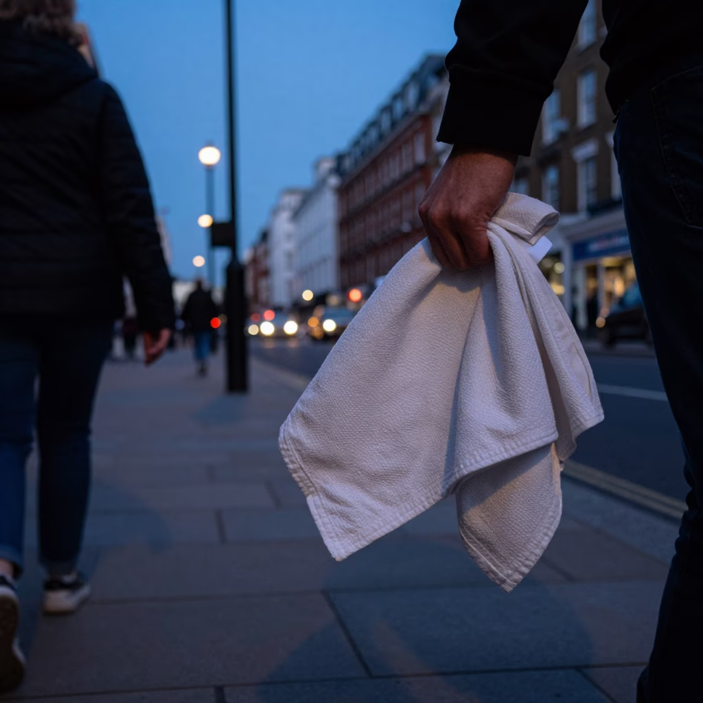 Twilight Street Scene in London United Kingdom with Tea Towel and Lint Detail in in London, United Kingdom
