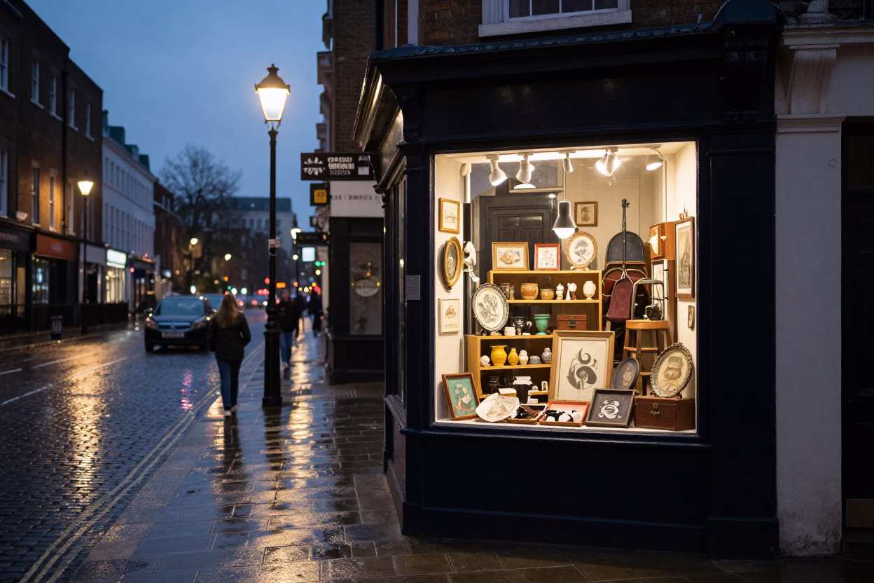 Twilight Street Scene in London United Kingdom with Vintage Shop Display in in London, United Kingdom