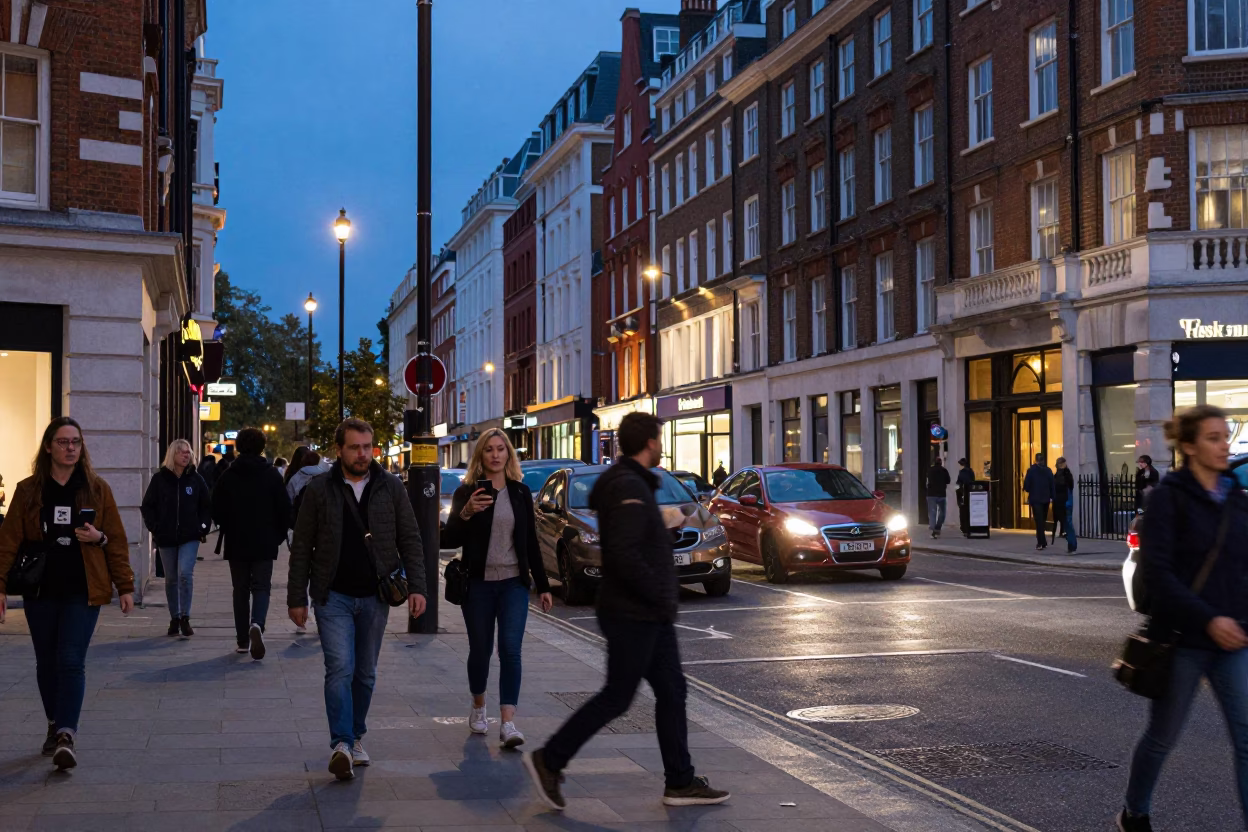 Twilight Street Scene in London with Busy Pedestrians and Urban Elements in in London, United Kingdom