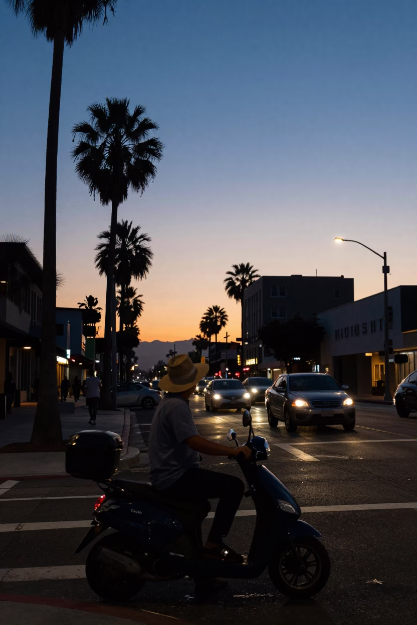 Twilight Street Scene in Los Angeles California with Sun Hat and Scooter in in Los Angeles, California, United States