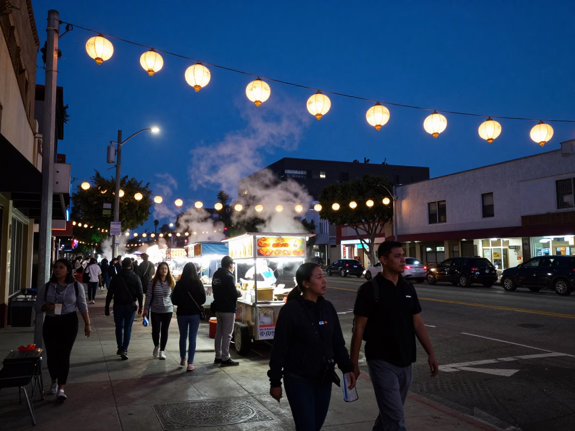 Twilight Street Scene in Los Angeles with Hanging Lanterns and Busy Market Atmosphere in in Los Angeles, California, United States