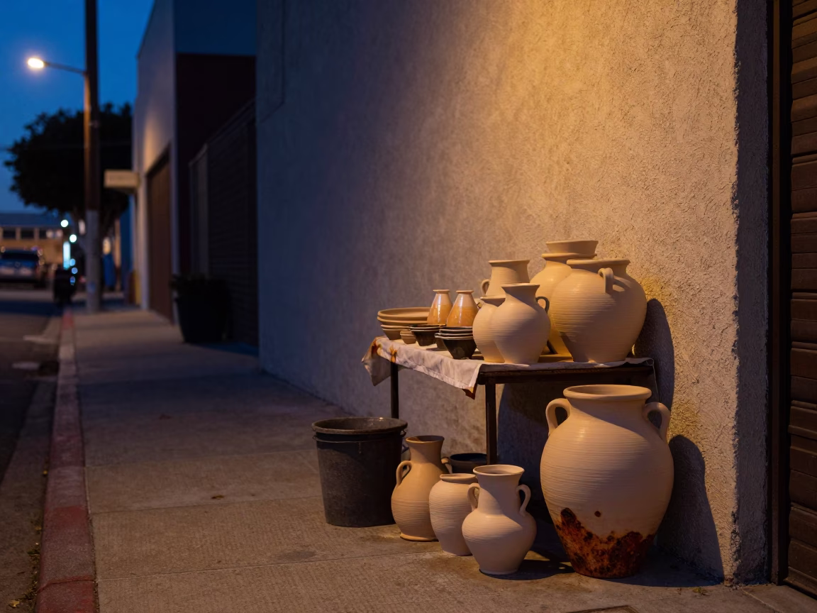 Twilight Street Scene in Los Angeles with Pottery and Rusty Details in in Los Angeles, California, United States