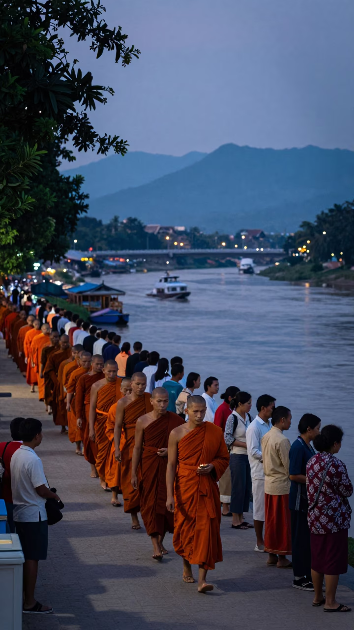 Twilight Street Scene in Luang Prabang Laos with Alms Giving and Traditional Architecture in in Luang Prabang, Laos