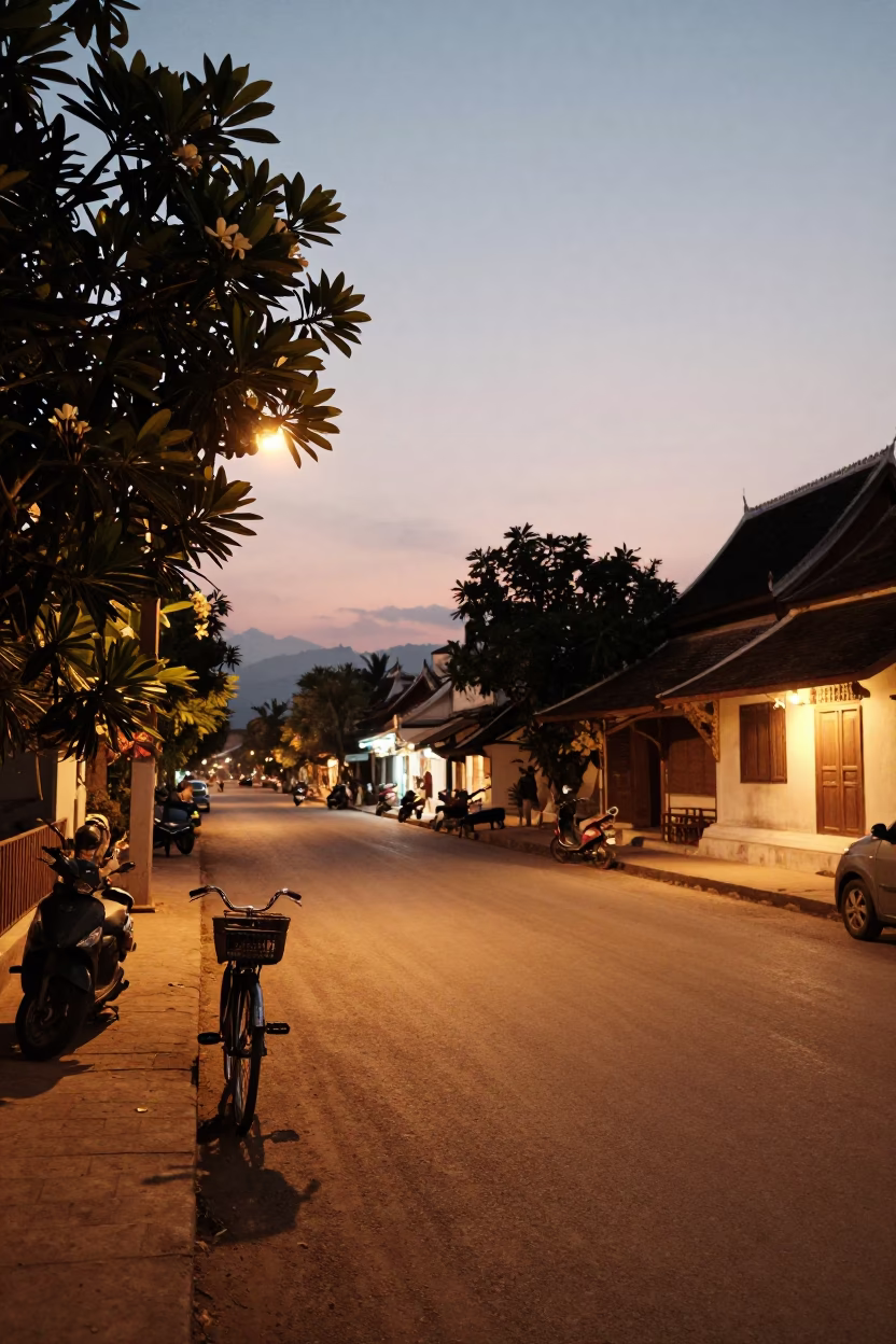 Twilight Street Scene in Luang Prabang Laos with Bicycle and Frangipani Bloom in in Luang Prabang, Laos
