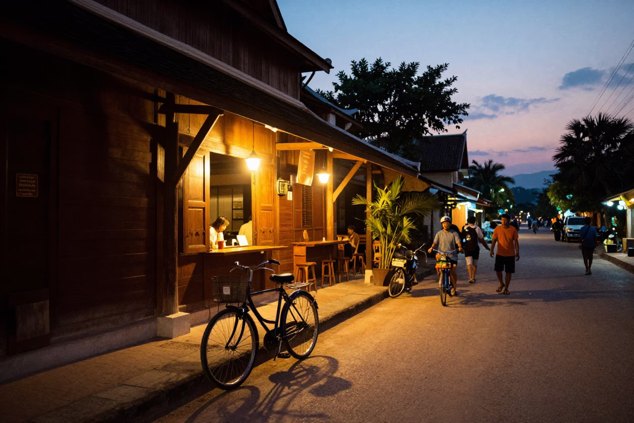 Twilight Street Scene in Luang Prabang Laos with Bicycle and Local Activity in in Luang Prabang, Laos