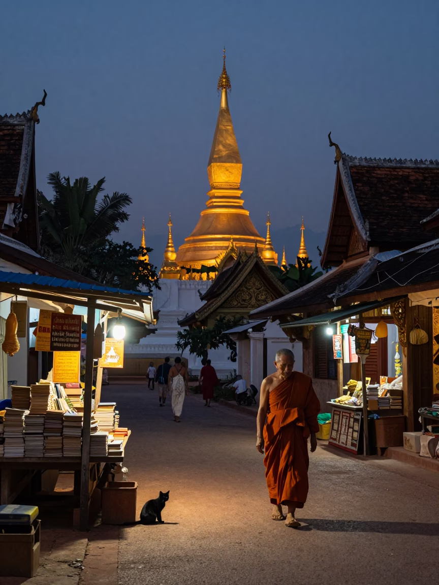Twilight street scene in Luang Prabang Laos with books and black cat in in Luang Prabang, Laos