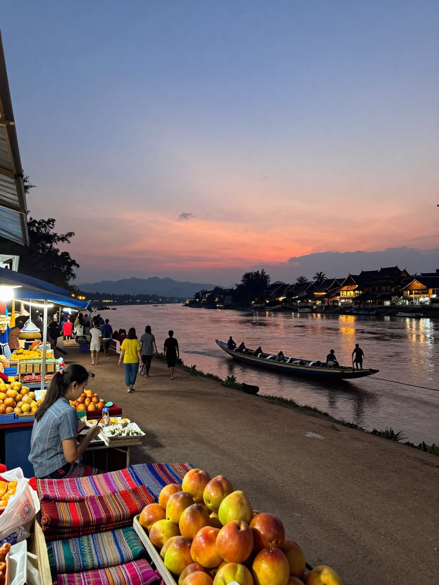 Twilight Street Scene in Luang Prabang Laos with Chain Ferry and Local Life in in Luang Prabang, Laos