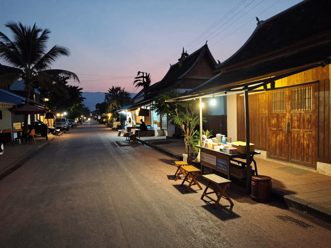 Twilight Street Scene in Luang Prabang Laos with Folding Stools and Local Life in in Luang Prabang, Laos