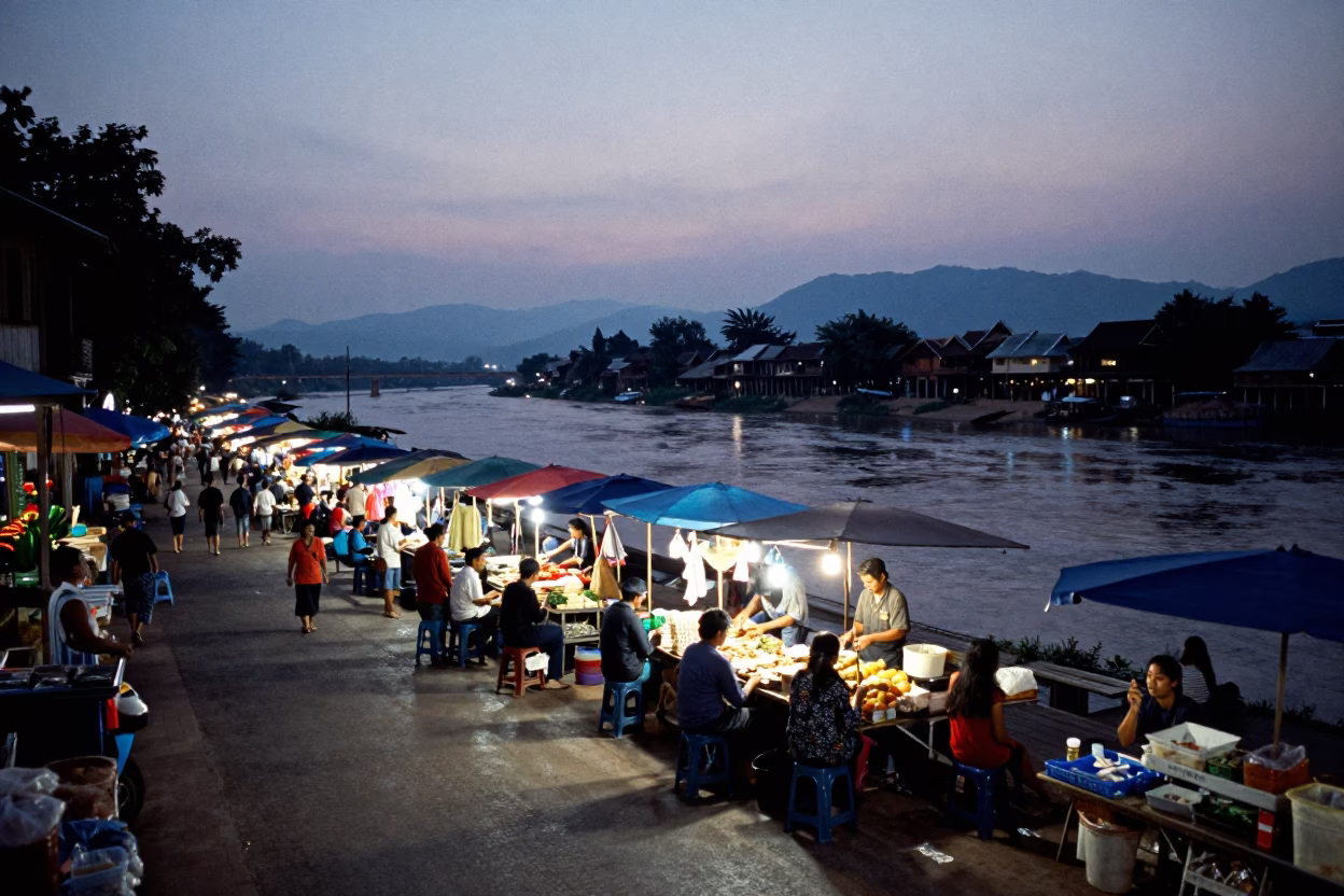 Twilight Street Scene in Luang Prabang Laos with Local Market Activity and Lanterns in in Luang Prabang, Laos
