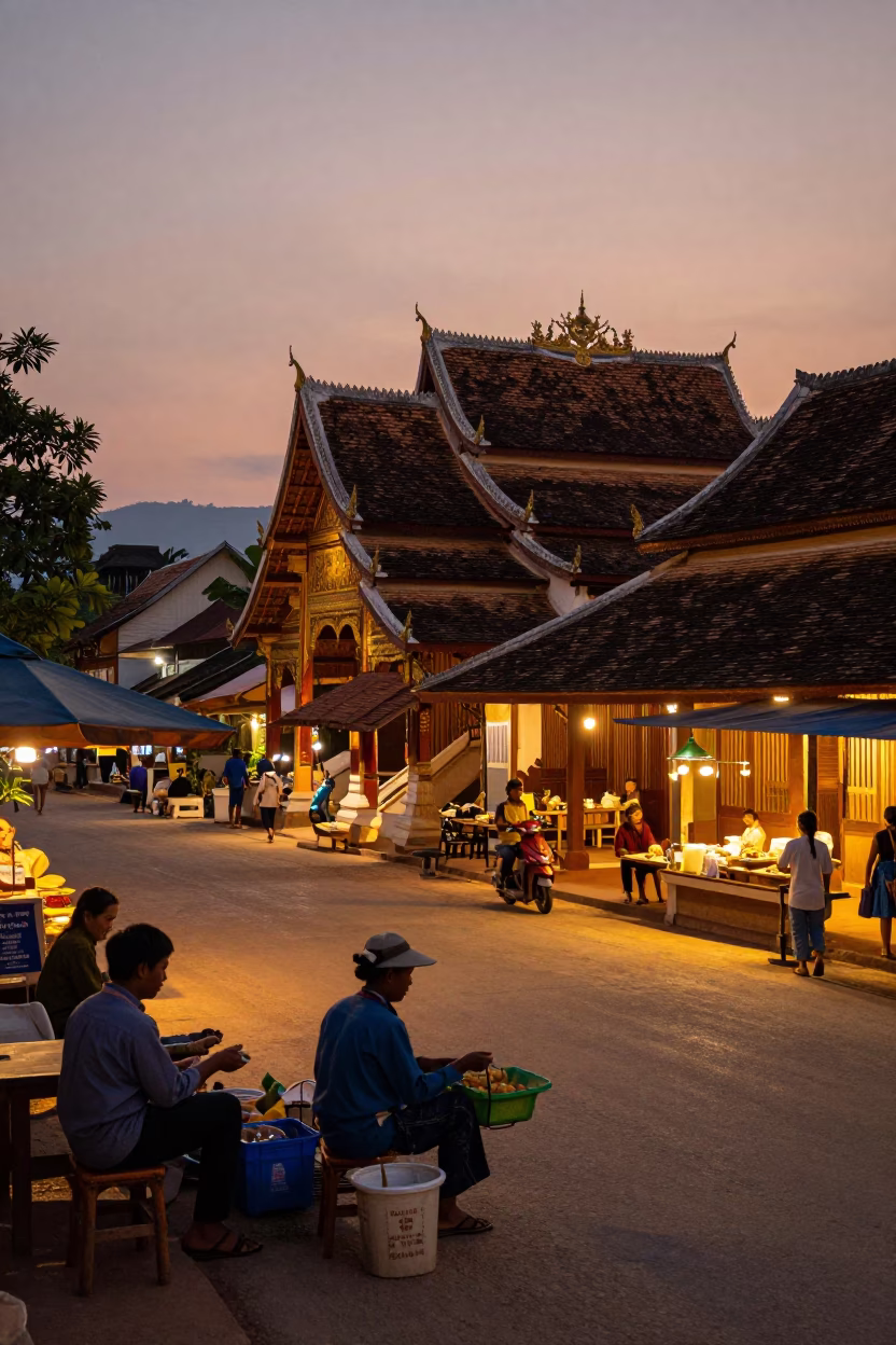 Twilight Street Scene in Luang Prabang Laos with Local Vendor and Traditional Architecture in in Luang Prabang, Laos