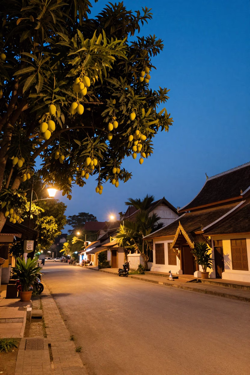 Twilight Street Scene in Luang Prabang Laos with Mango Tree and Local Life in in Luang Prabang, Laos