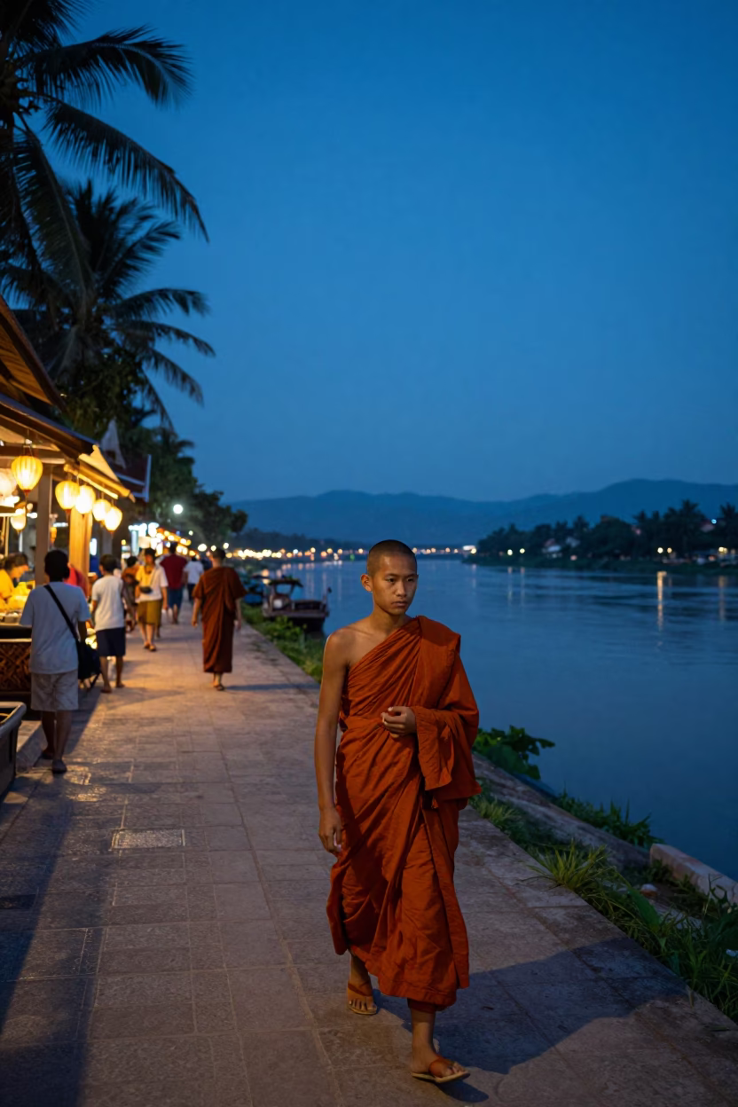 Twilight Street Scene in Luang Prabang Laos with Monk Alms and Riverfront in in Luang Prabang, Laos