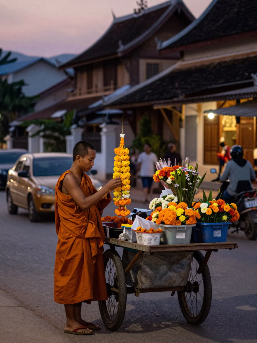Twilight Street Scene in Luang Prabang Laos with Monk and Florist in in Luang Prabang, Laos