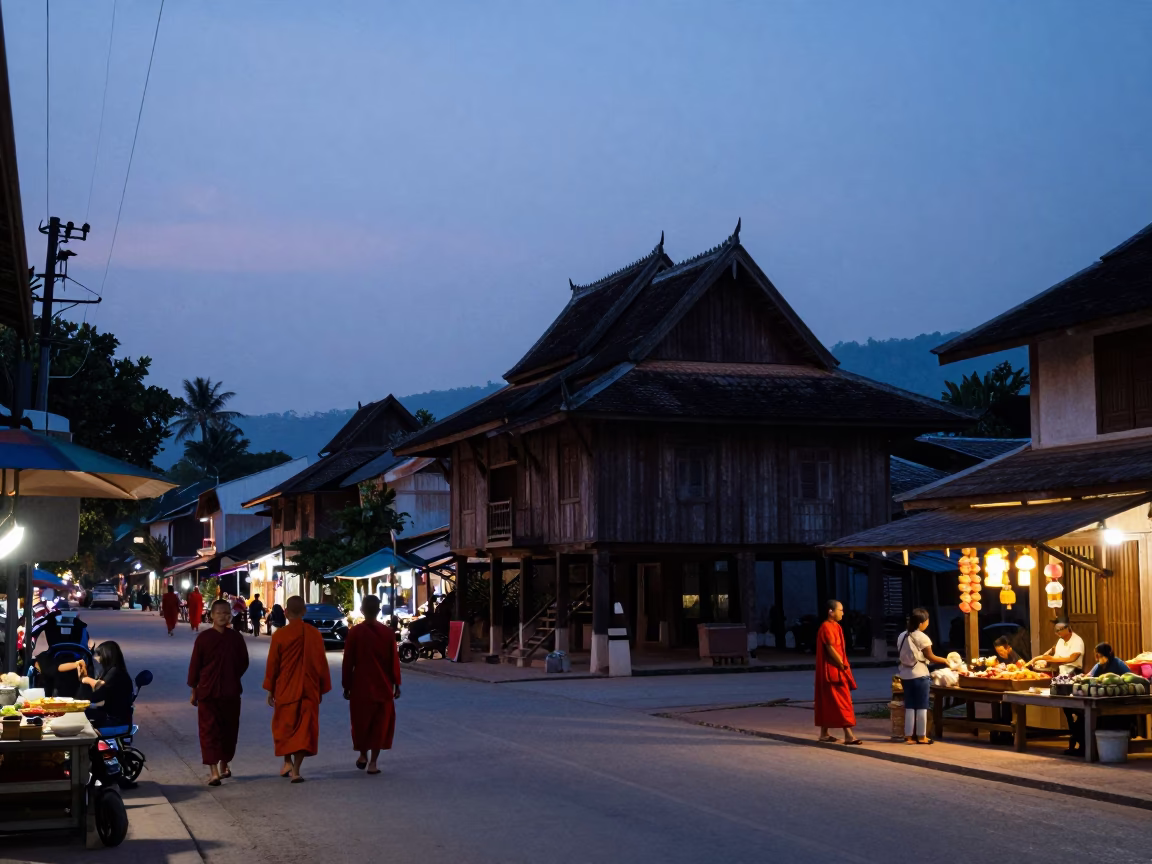 Twilight Street Scene in Luang Prabang Laos with Monks and Local Life in in Luang Prabang, Laos