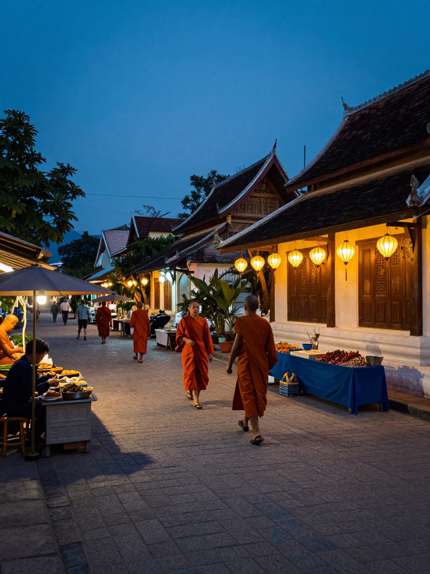 Twilight Street Scene in Luang Prabang Laos with Monks and Local Vendors in in Luang Prabang, Laos