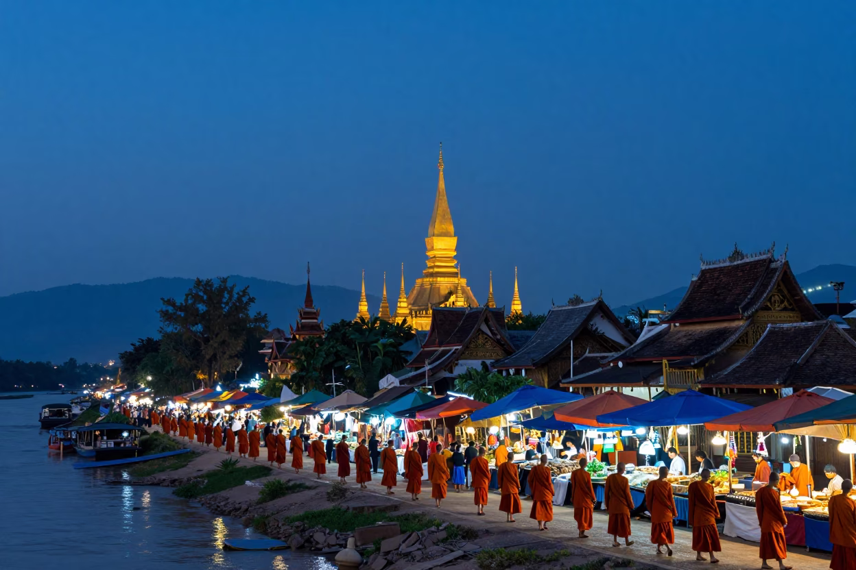 Twilight Street Scene in Luang Prabang Laos with Monks and Market Activity in in Luang Prabang, Laos