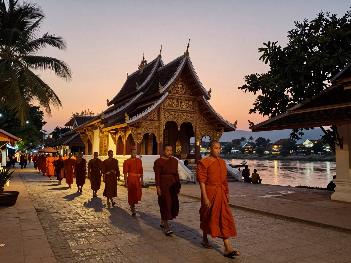 Twilight Street Scene in Luang Prabang Laos with Monks and Traditional Architecture in in Luang Prabang, Laos