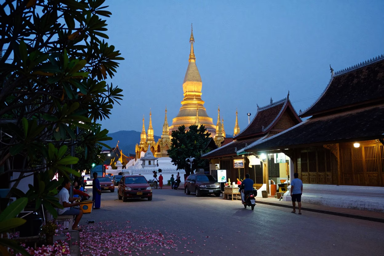 Twilight Street Scene in Luang Prabang Laos with Plumeria Petals and Local Life in in Luang Prabang, Laos