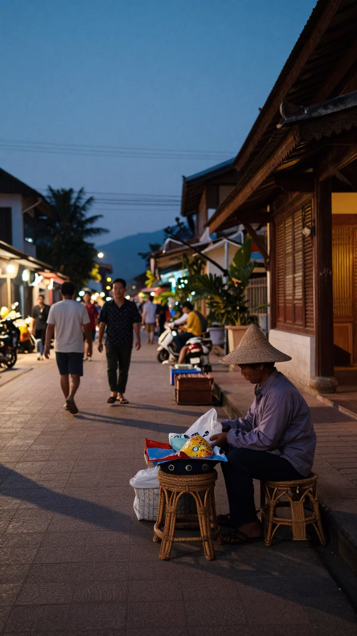 Twilight Street Scene in Luang Prabang Laos with Rattan Stool and Traditional Merchant Activity in in Luang Prabang, Laos