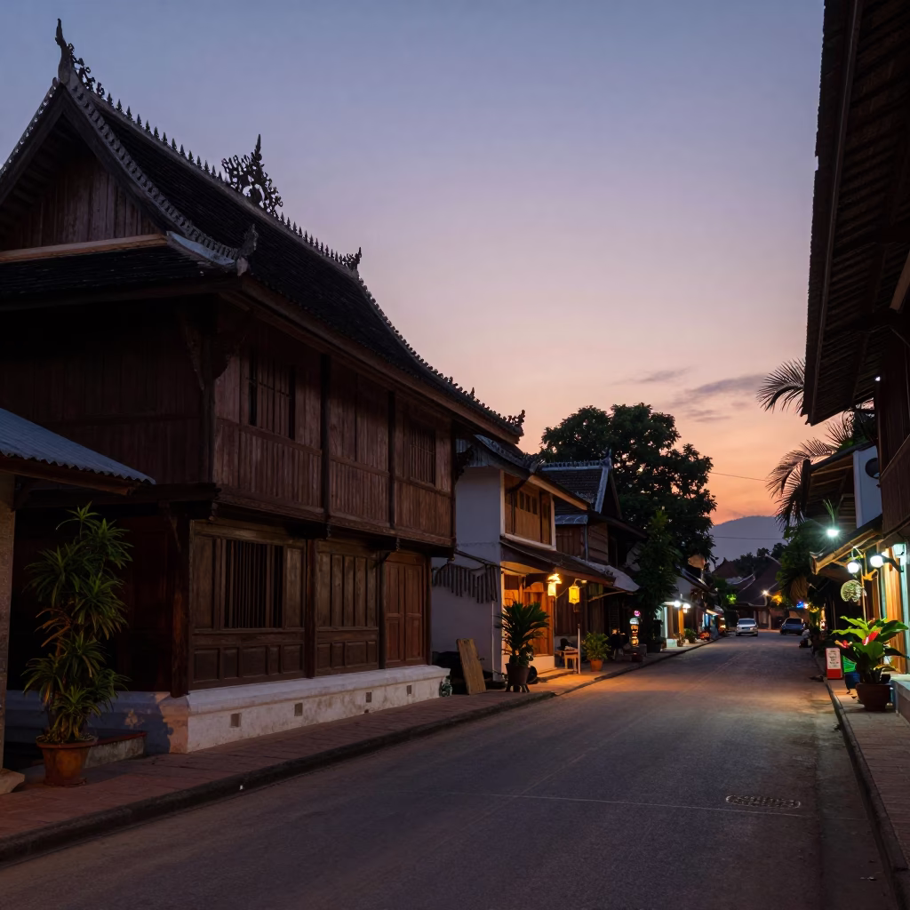 Twilight street scene in Luang Prabang Laos with traditional wooden architecture and locals gathering in in Luang Prabang, Laos