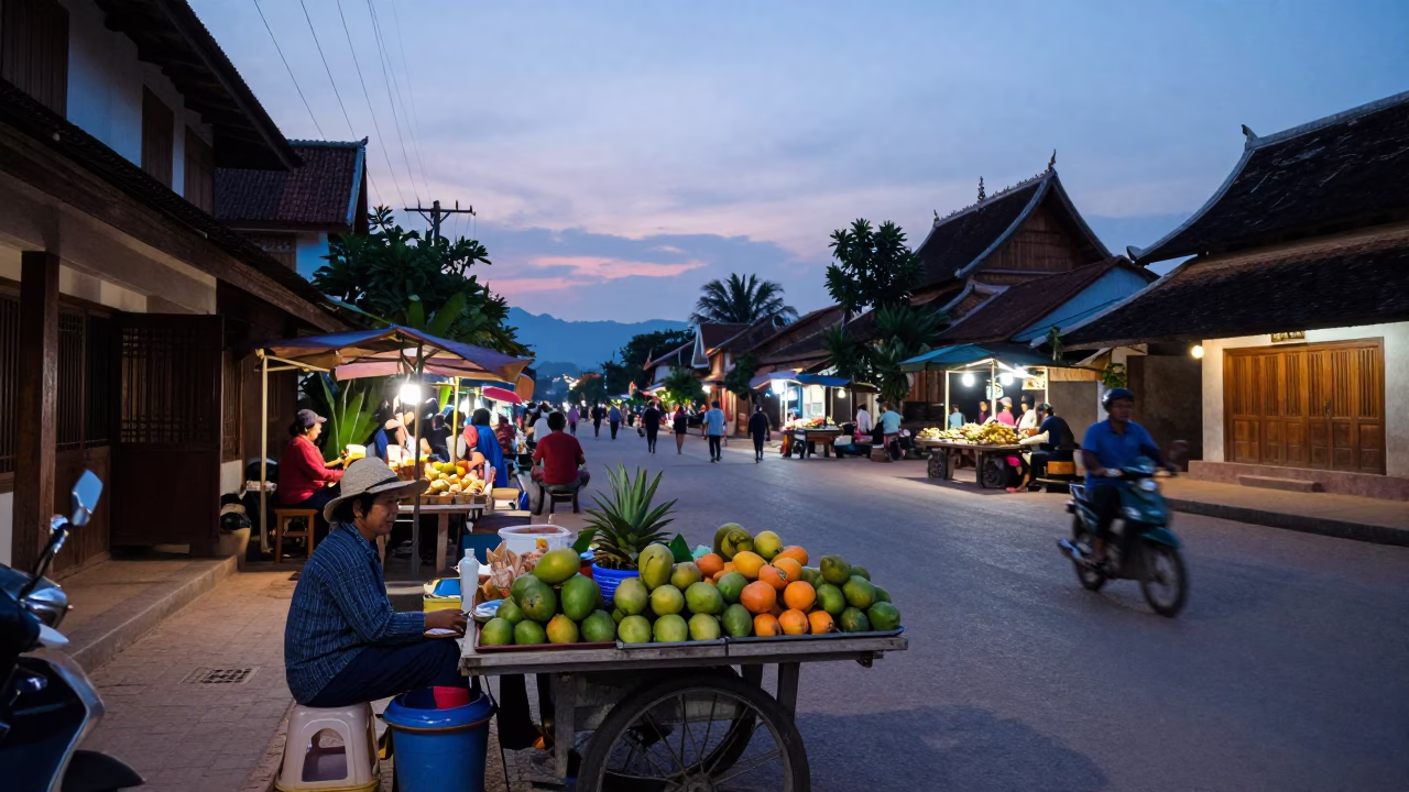 Twilight Street Scene in Luang Prabang Laos with Vendors and Local Life in in Luang Prabang, Laos