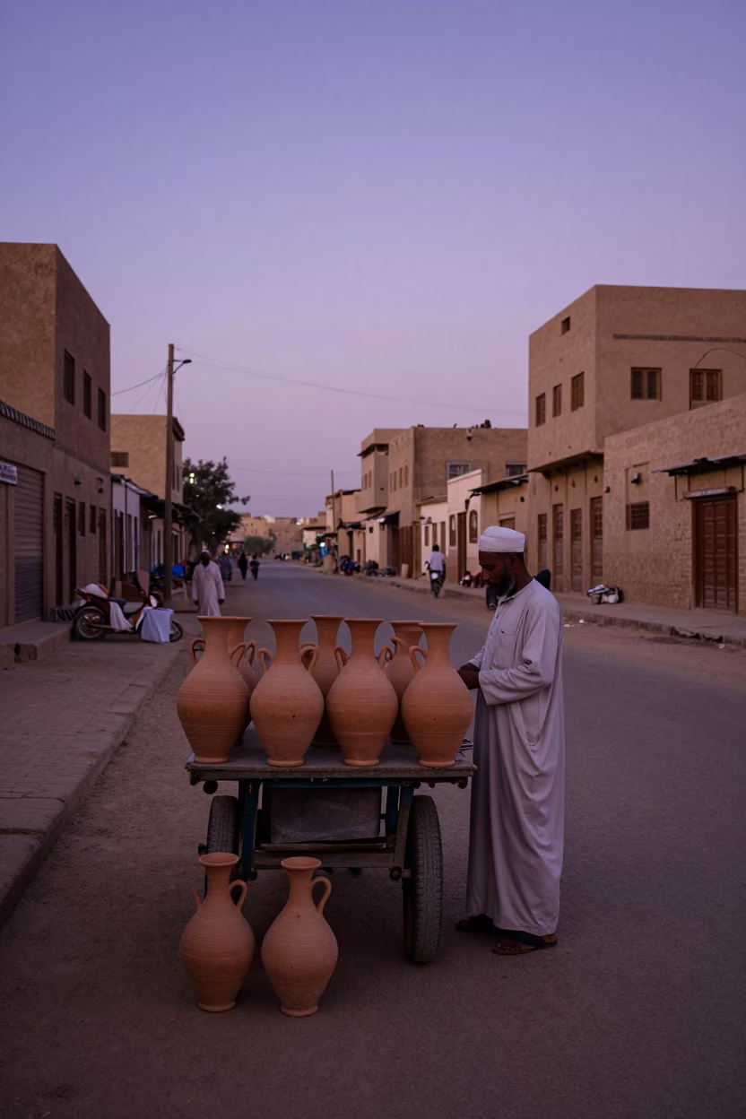 Twilight street scene in Luxor Egypt with clay pots and local vendor interaction in in Luxor, Egypt