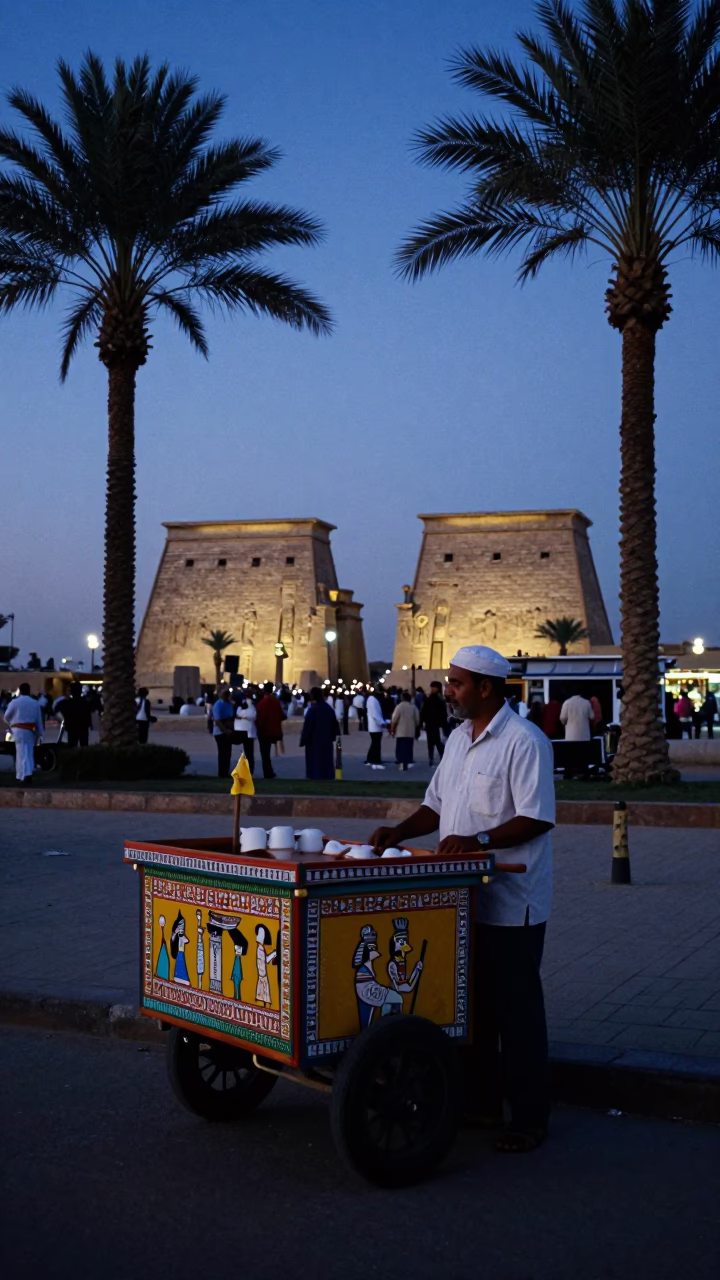 Twilight Street Scene in Luxor Egypt with Colorful Pharaonic Decorations and Local Market Activity in in Luxor, Egypt