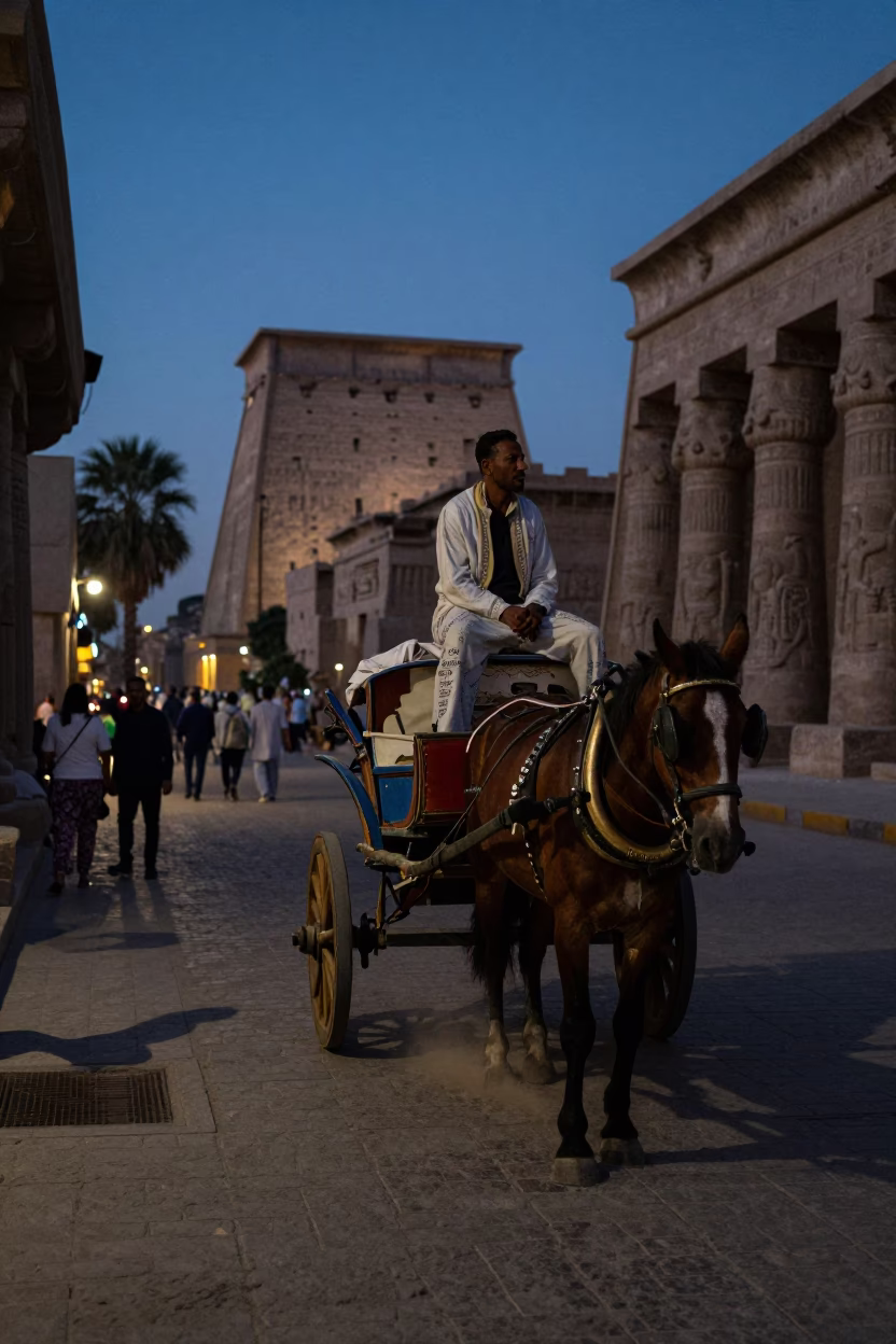 Twilight Street Scene in Luxor Egypt with Horse Drawn Cart and River View in in Luxor, Egypt