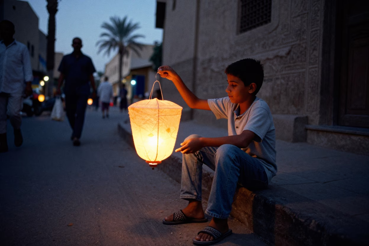 Twilight Street Scene in Luxor Egypt with Lantern and Slippers in in Luxor, Egypt