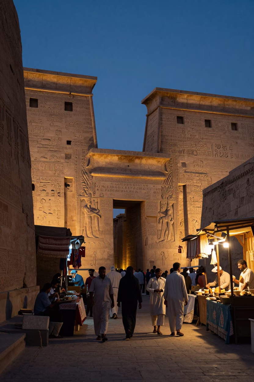 Twilight Street Scene in Luxor Egypt with Linen Fringe and Traditional Architecture in in Luxor, Egypt