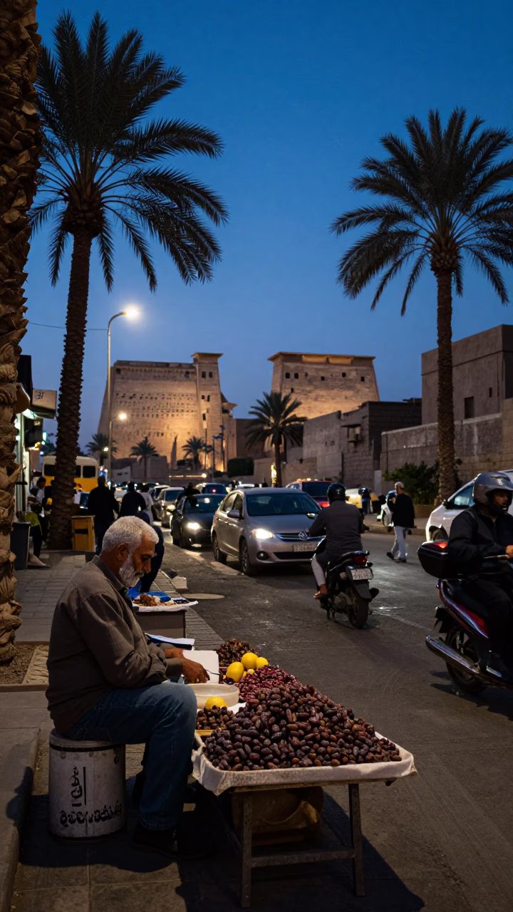 Twilight Street Scene in Luxor Egypt with Local Vendor and Busy Traffic in in Luxor, Egypt