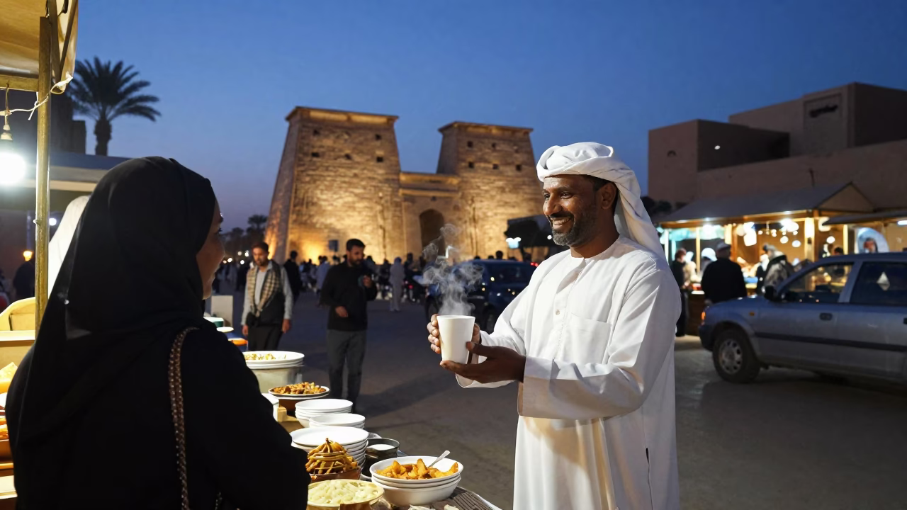 Twilight street scene in Luxor Egypt with local vendor and customer interaction in in Luxor, Egypt