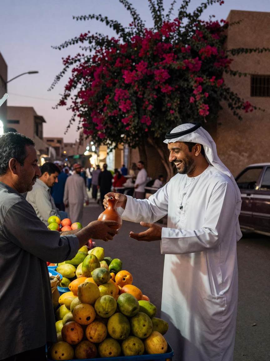 Twilight street scene in Luxor Egypt with locals and bougainvillea in in Luxor, Egypt