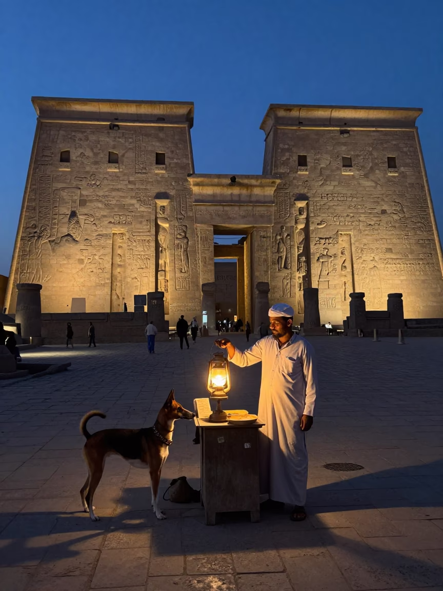 Twilight Street Scene in Luxor Egypt with Oil Lamp and Basenji in in Luxor, Egypt