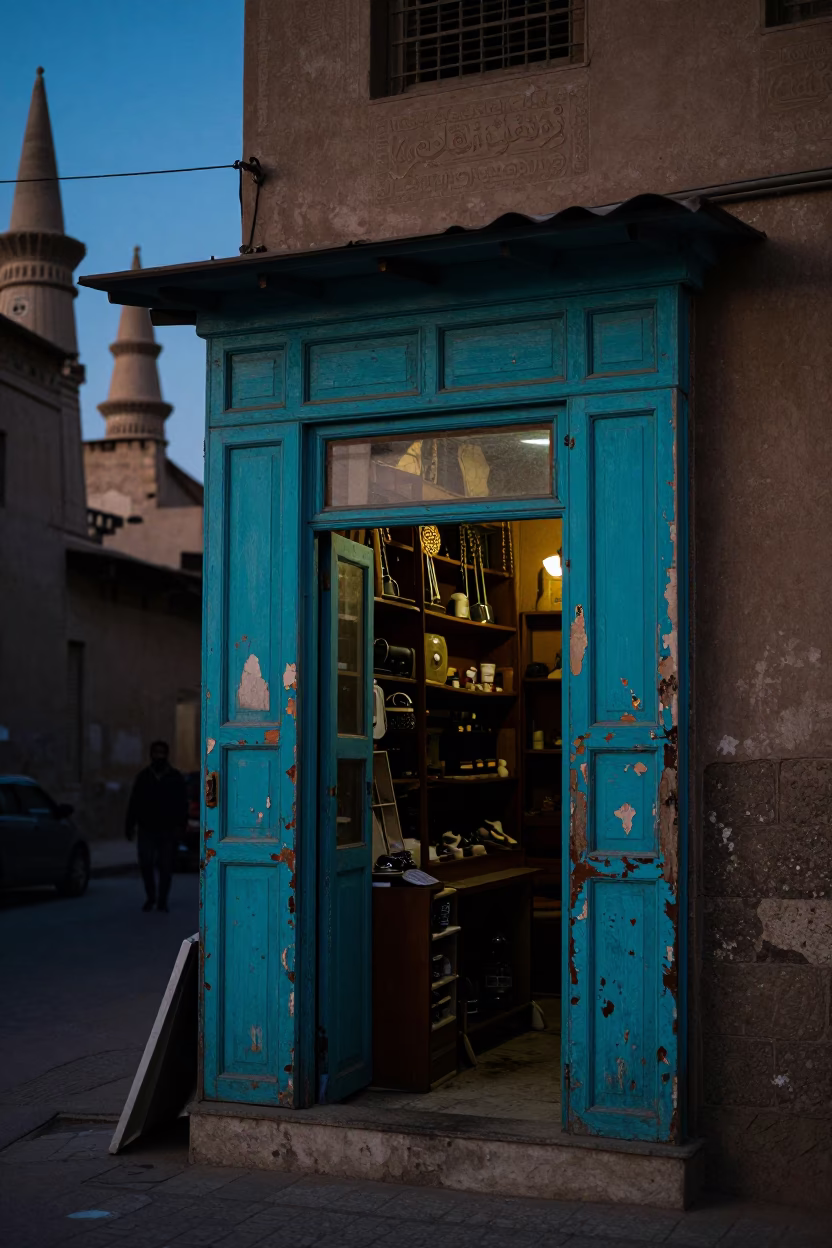 Twilight Street Scene in Luxor Egypt with Peeling Turquoise Paint and Local Life in in Luxor, Egypt