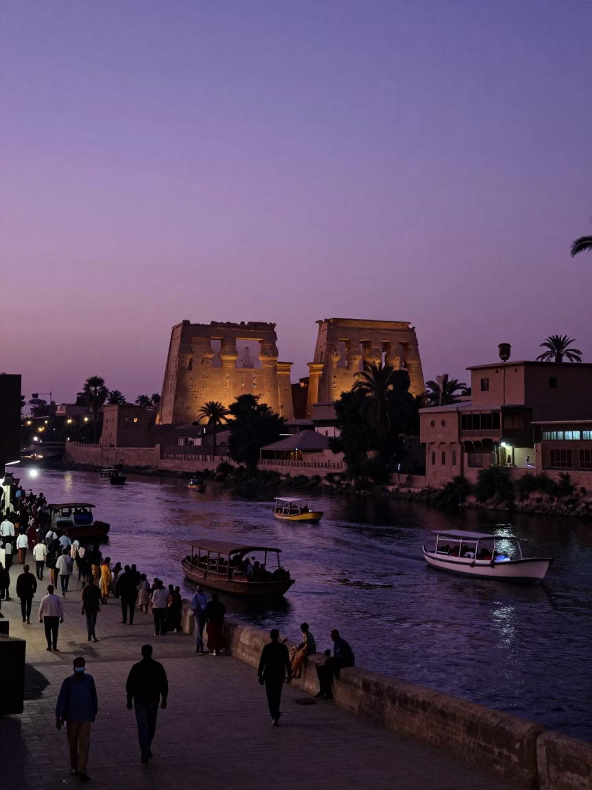 Twilight Street Scene in Luxor Egypt with River Activity and Local Life in in Luxor, Egypt