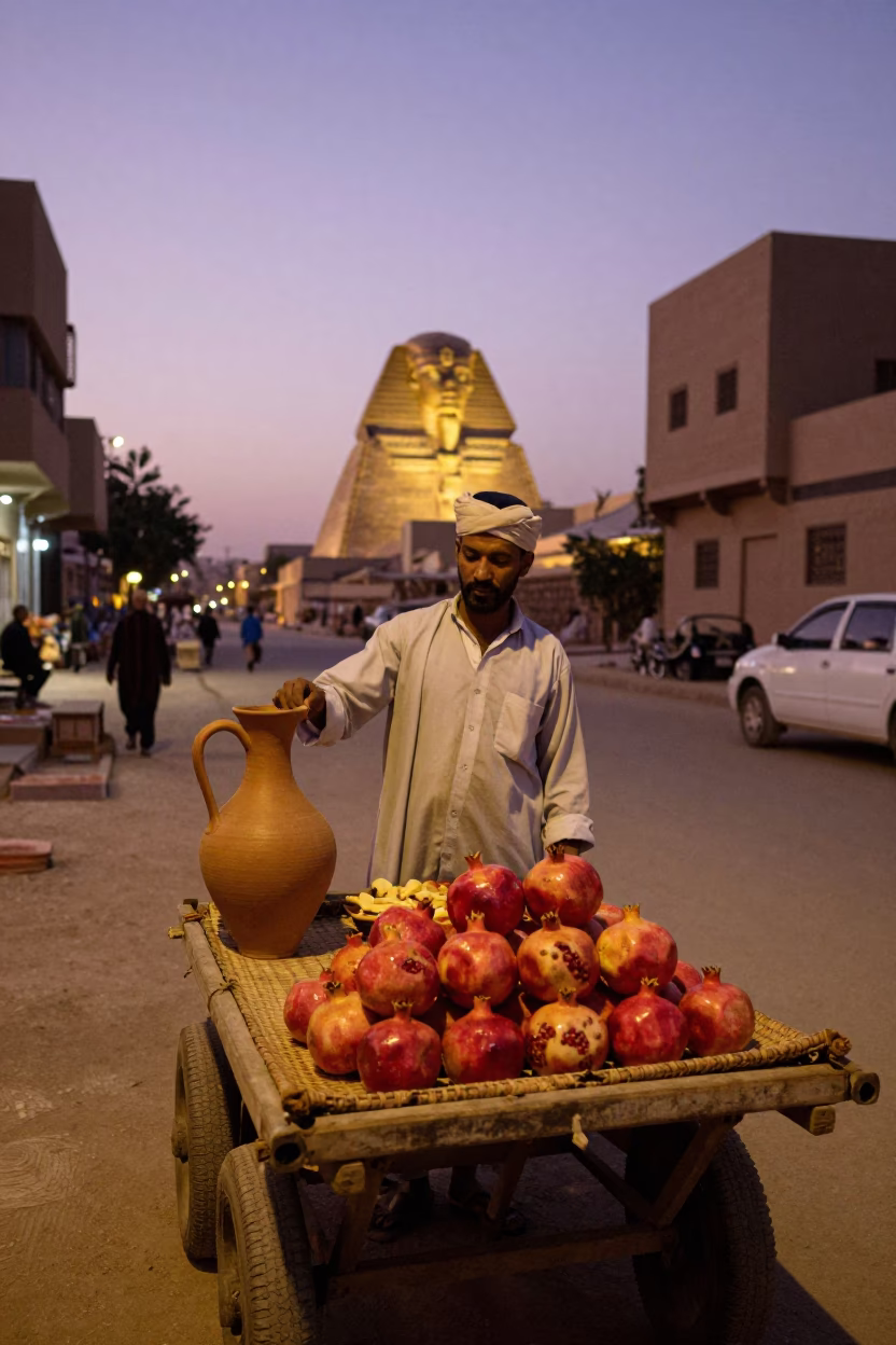 Twilight Street Scene in Luxor Egypt with Traditional Clay Pitcher and Pomegranate in in Luxor, Egypt