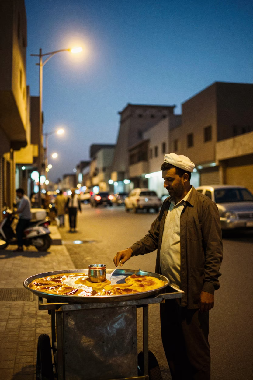 Twilight Street Scene in Luxor Egypt with Traditional Dessert Tray in in Luxor, Egypt