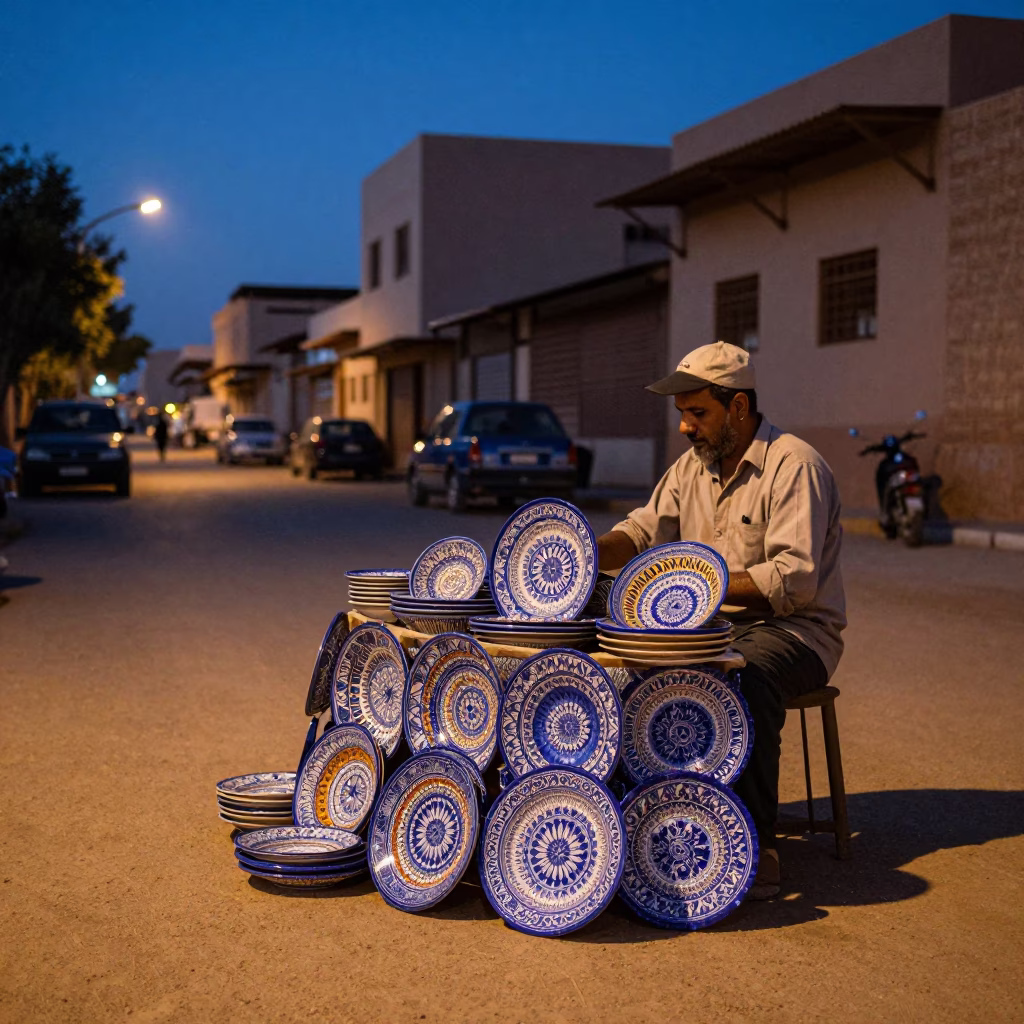 Twilight Street Scene in Luxor Egypt with Vintage Italian Majolica Plate in in Luxor, Egypt