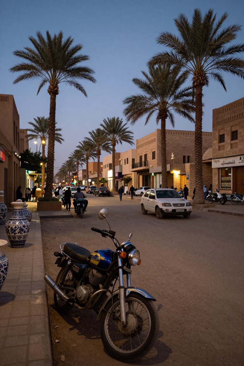 Twilight Street Scene in Luxor Egypt with Vintage Motorcycle and Ceramic Bowl in in Luxor, Egypt