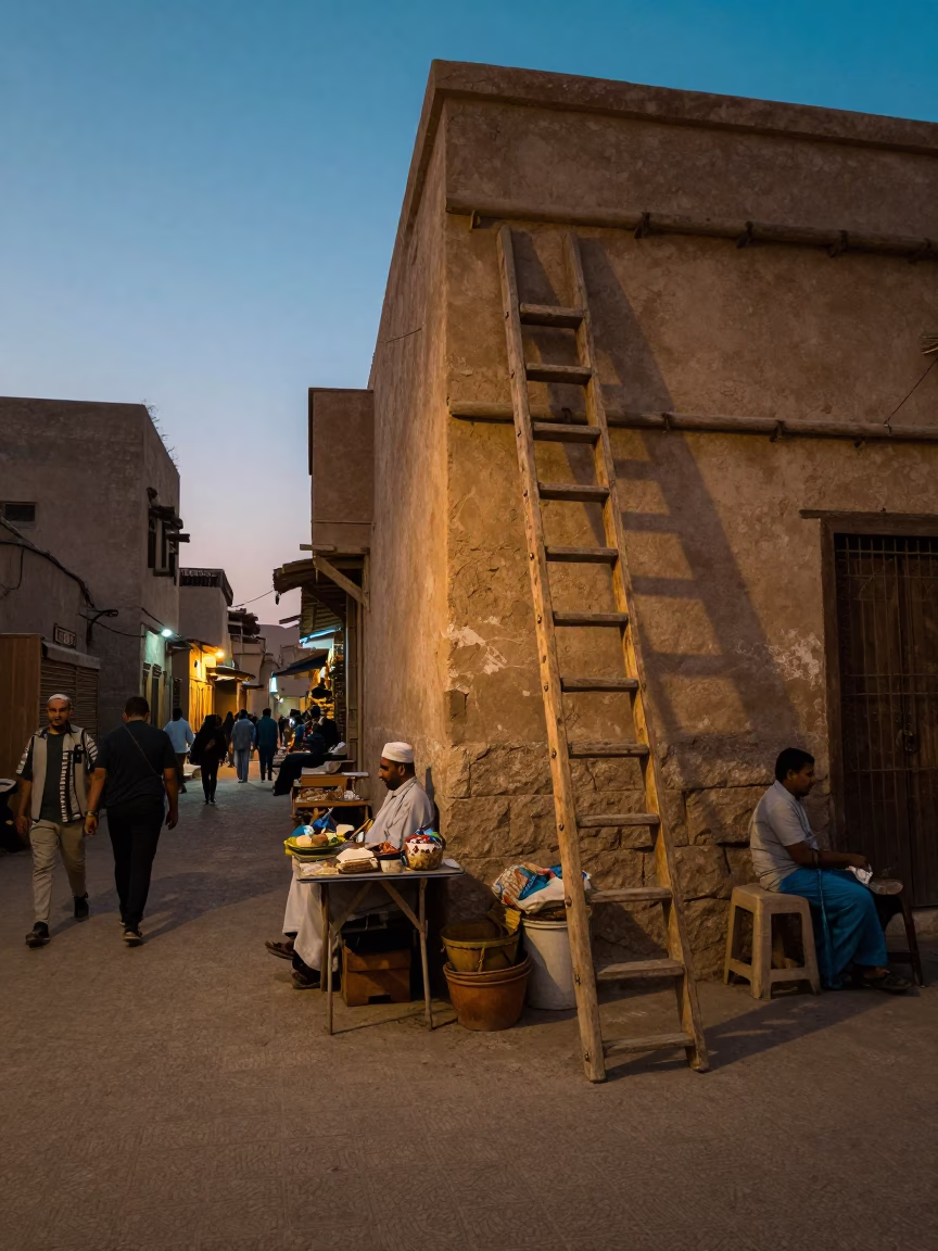Twilight Street Scene in Luxor Egypt with Wooden Ladder and Local Commerce in in Luxor, Egypt