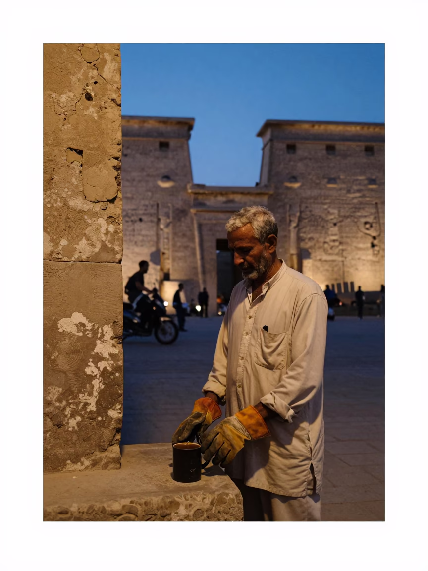 Twilight Street Scene in Luxor Egypt with Worker and Mug in in Luxor, Egypt