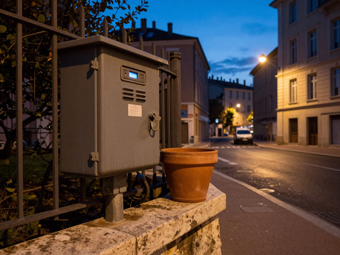 Twilight Street Scene in Lyon France Featuring Substation Fence and Terracotta Pot in in Lyon, France