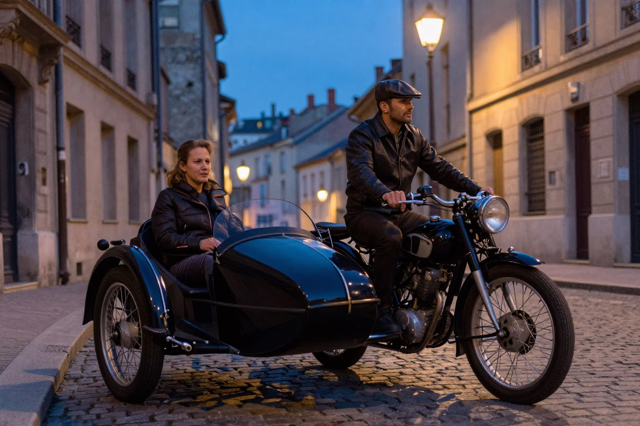 Twilight Street Scene in Lyon France Vintage Motorcycle Sidecar and Metro Station in in Lyon, France