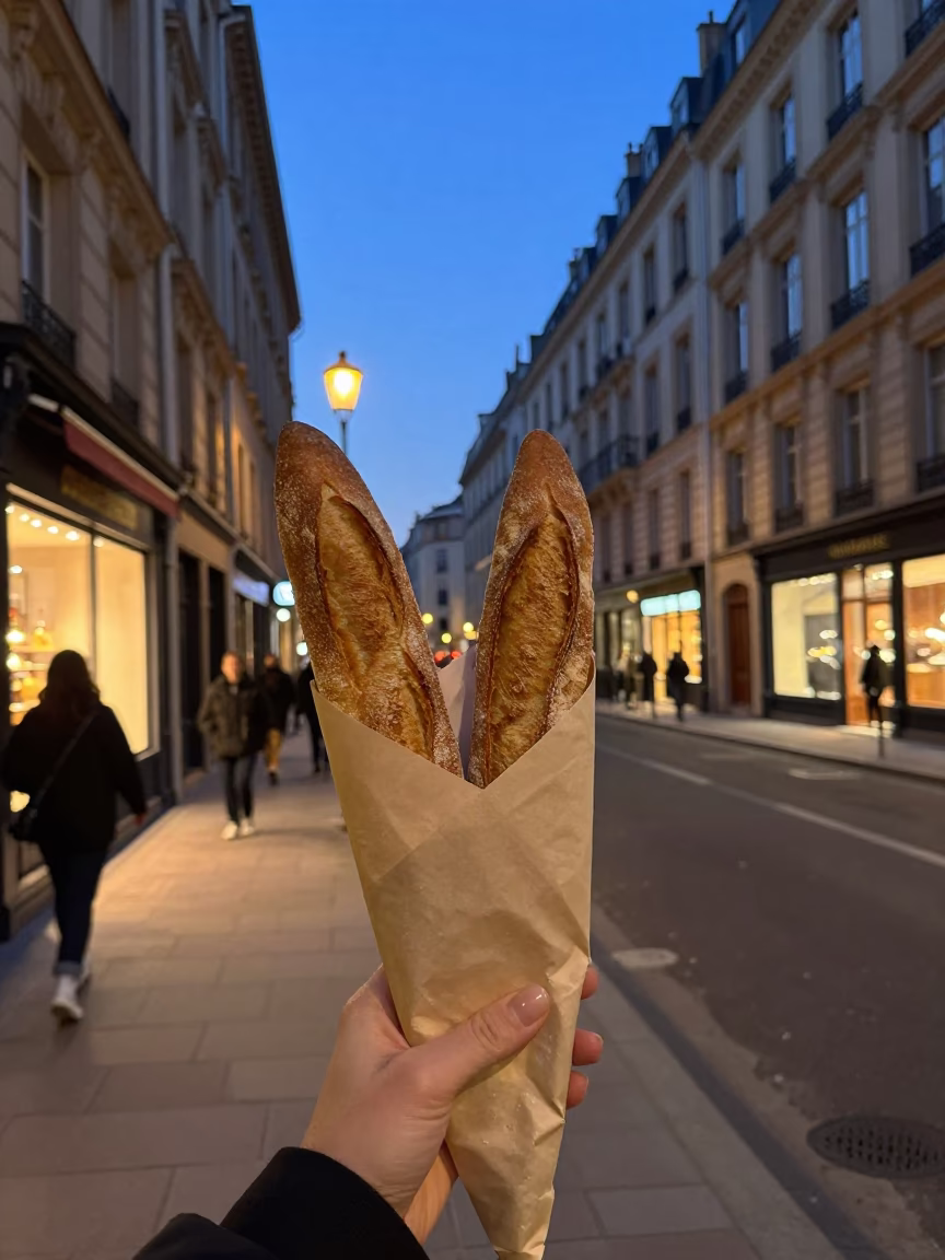Twilight Street Scene in Lyon France with Baguettes and Urban Architecture in in Lyon, France