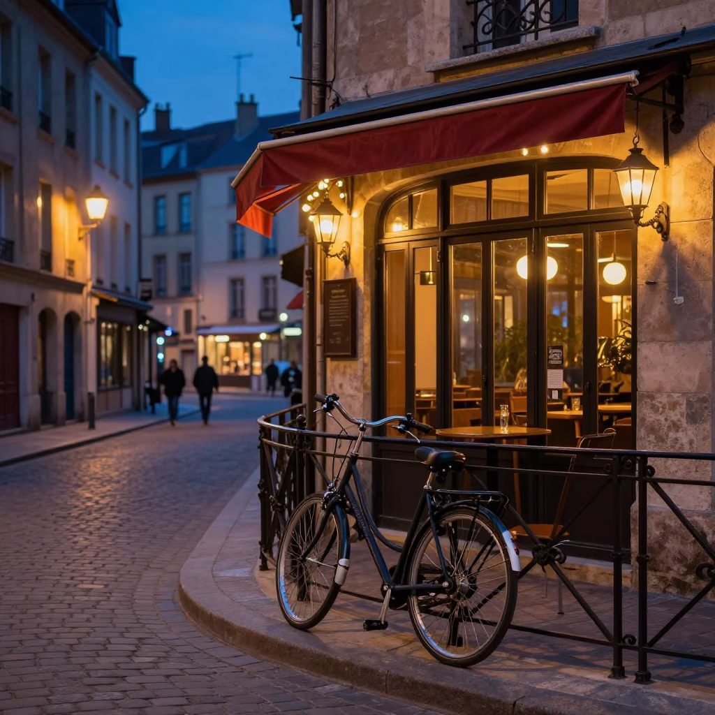 Twilight Street Scene in Lyon France with Bicycle and Cafe Exterior in in Lyon, France