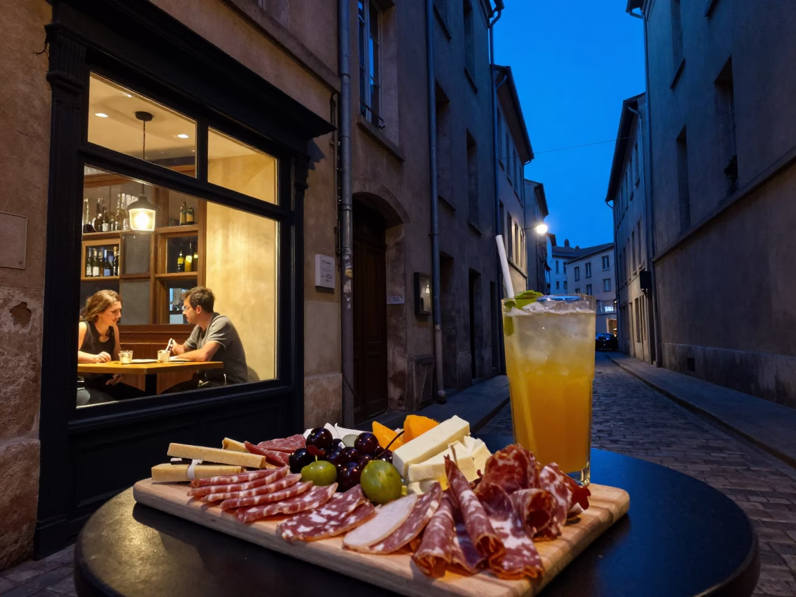 Twilight Street Scene in Lyon France with Charcuterie Board and Hurricane Lamp in in Lyon, France