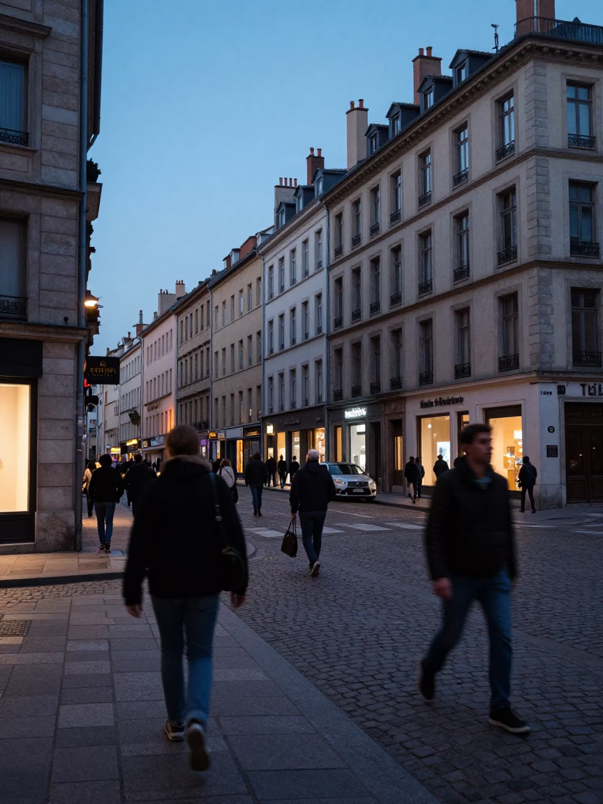 Twilight Street Scene in Lyon France with Cobblestones and Urban Life in in Lyon, France